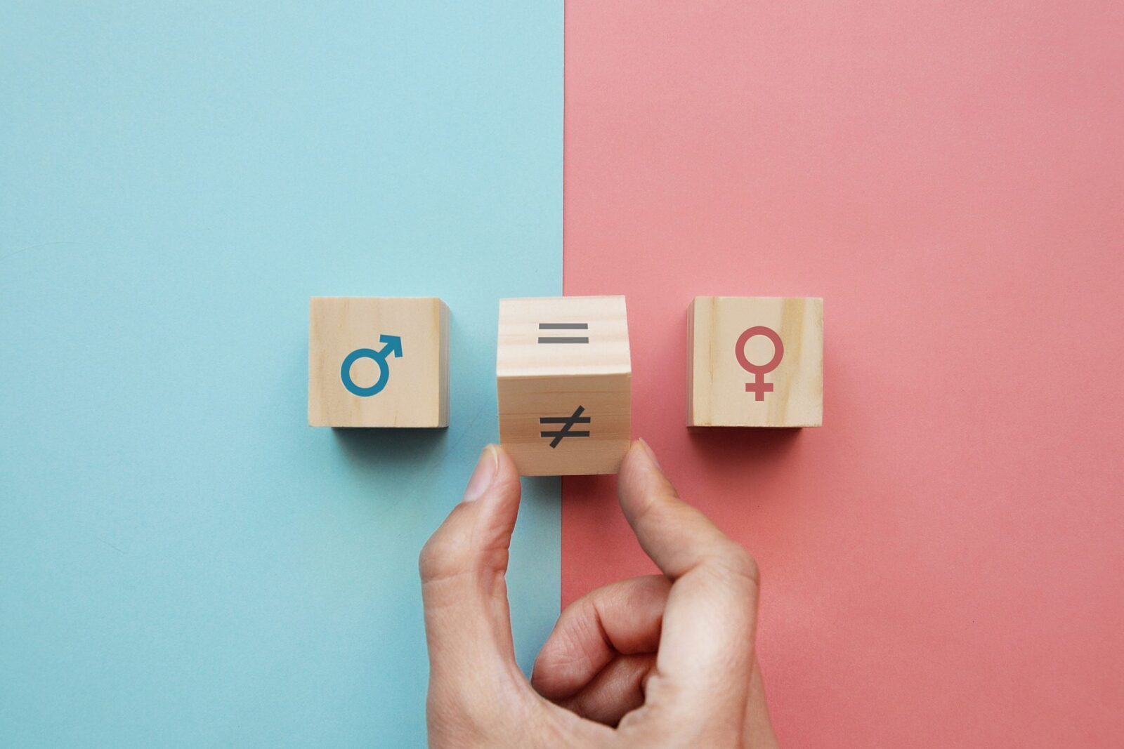 Una mano ruota un cubo di legno con i simboli = e ≠ tra due cubi con i simboli maschile e femminile, su sfondo azzurro e rosa