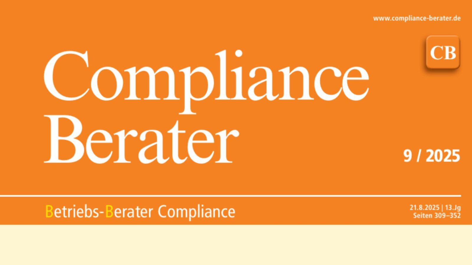 Copertina arancione della rivista Compliance Berater, numero 9 del 2025