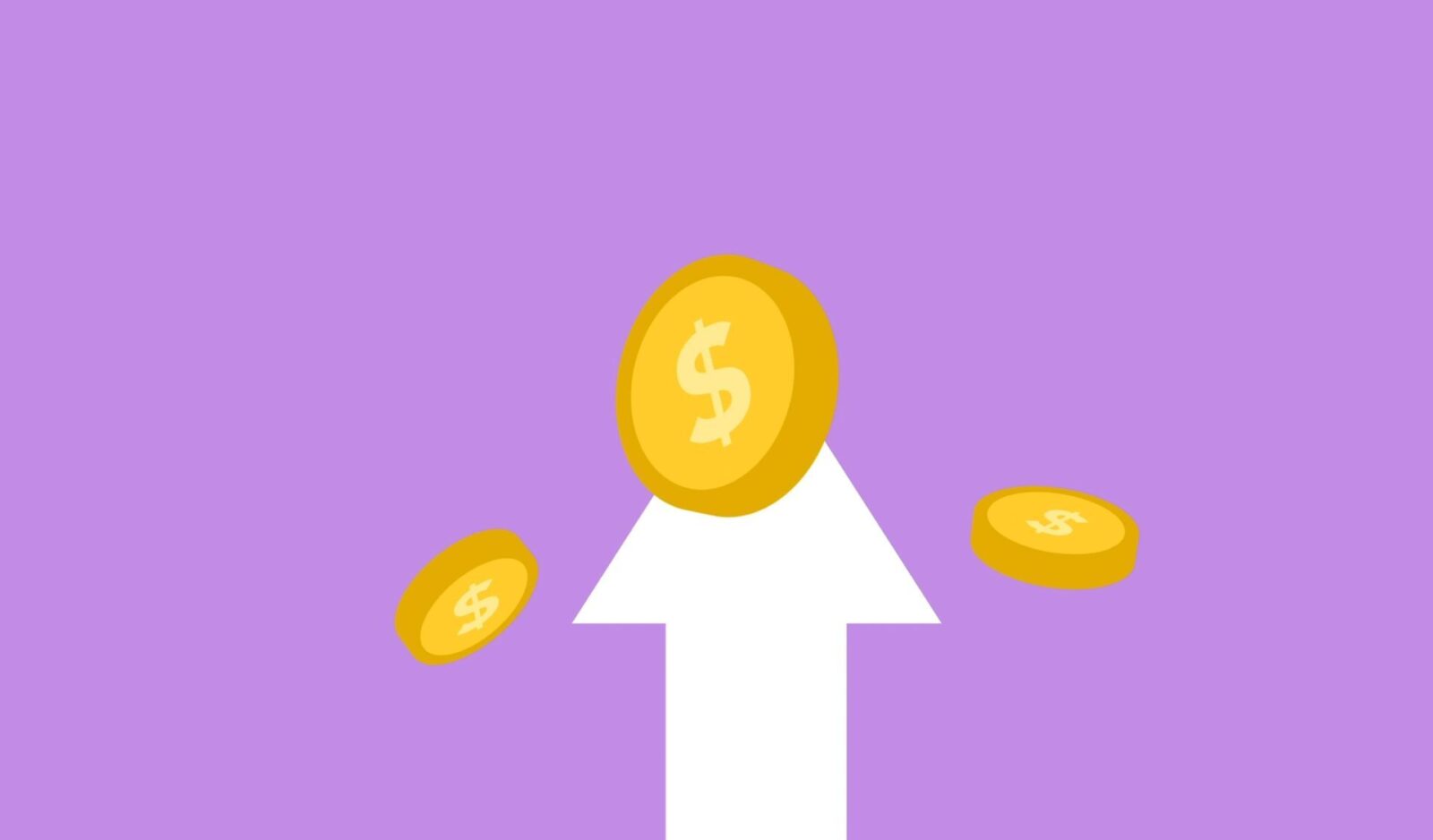 Grafica su fondo lilla con una freccia bianca rivolta verso l'alto e tre monete dorate con il simbolo del dollaro