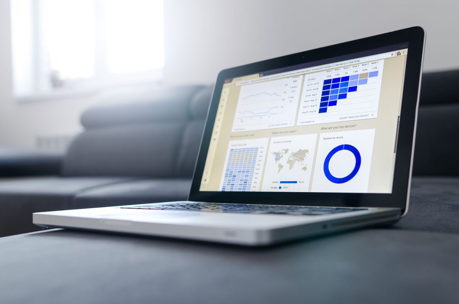 Laptop aperto su un tavolo mostra una dashboard con grafici, mappa del mondo e diagramma circolare blu, divano sullo sfondo
