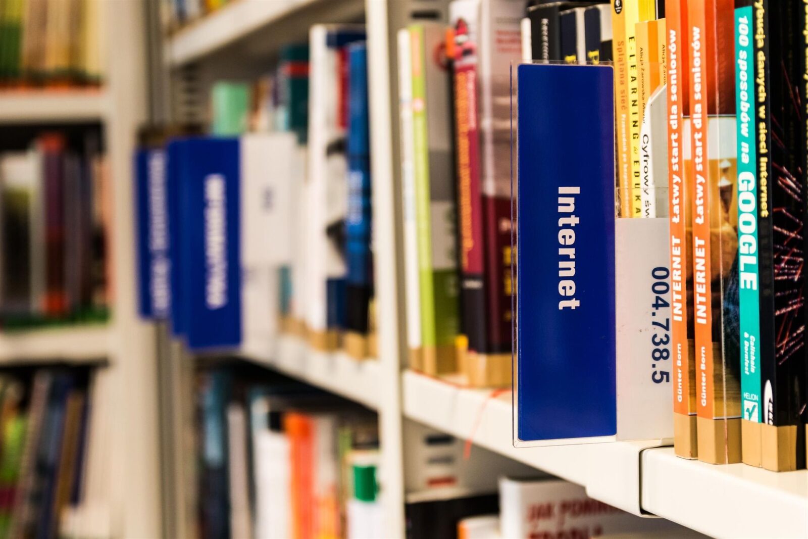 Scaffale di biblioteca con libri colorati e un separatore blu con la scritta Internet e la segnatura 004.738.5