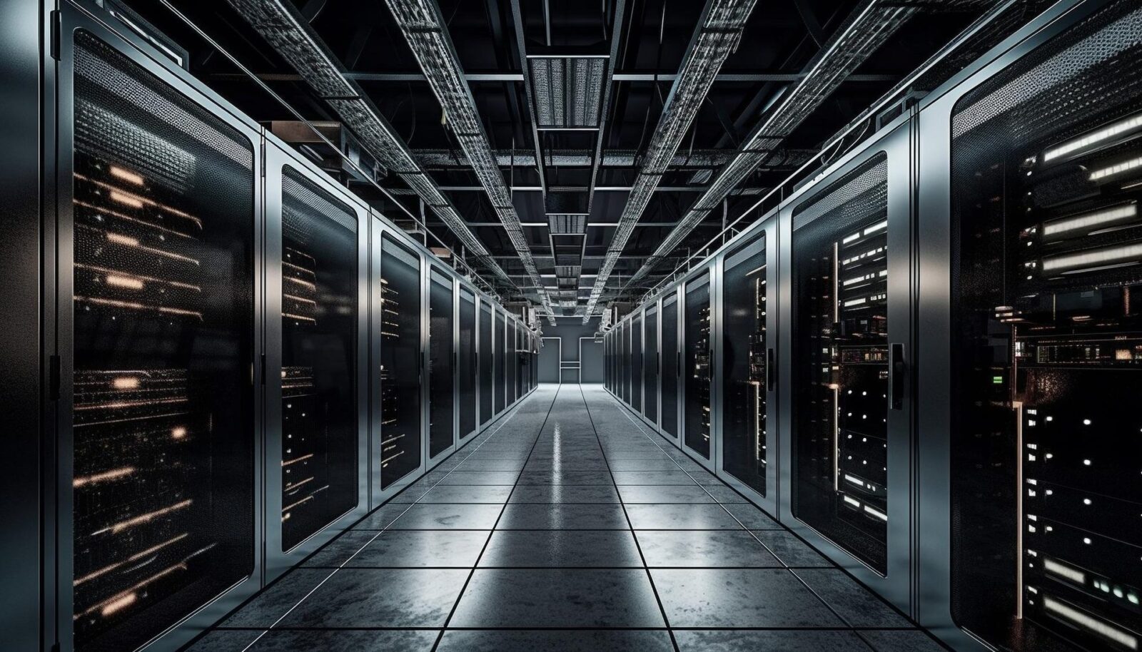 Corridoio di un data center in penombra, con due file di armadi rack chiusi da ante in vetro e led accesi