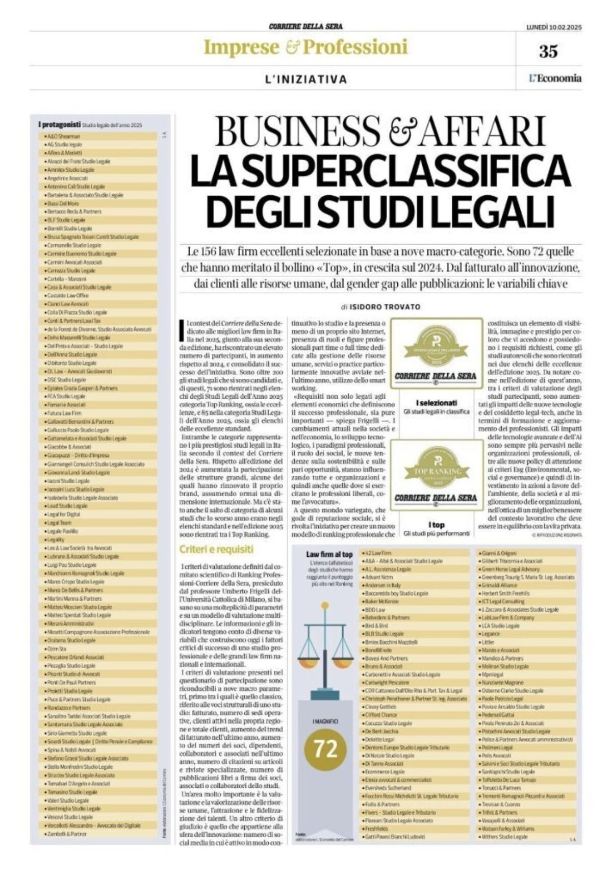 Dehò Masserelli tra gli Studi Legali dell’Anno 2025 del Corriere della Sera